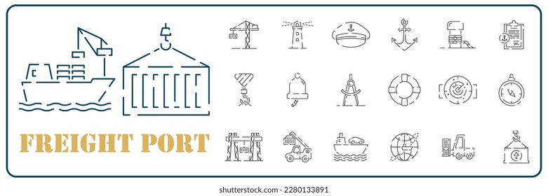Puerto marítimo, conjunto de iconos de línea. Equipo para la industria naviera. Buques portuarios y de carga marítimos. Logístico. Entrega de buques de transporte