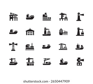 Seaport and Logistics Icons, Cargo Ships, Cranes, and Lighthouses Silhouette Set