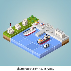 Seaport with the marina. Cargo ships in perspective. Set design for the boats.