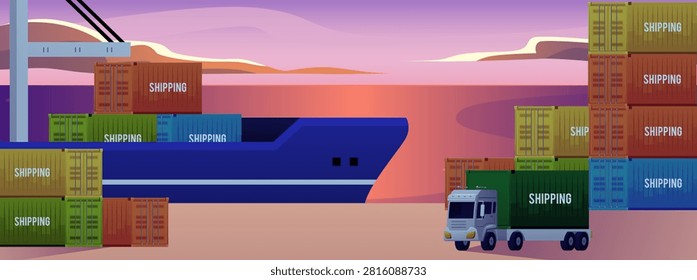Seaport, maritime logistics industry. Vector flat illustration. Shipping truck with cargo container in trade port with cargo ship at sunset. Cartoon industrial truck and tanker vessel delivery service