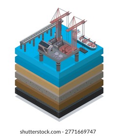 Seaport platform with cranes, containers and vessels shown in isometric style on white background, expressing industrial logistics concept. Hand-drawn vector illustration