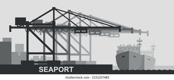 Seaport And Port Cranes Black And White Vector Icon.