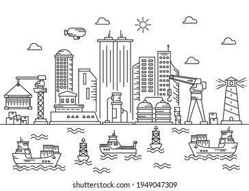 Seaport Processing Illustration thin Line art vector