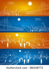 Seaport, railway station, people waiting for the train, industrial and transport illustration set, energy plant, big bridge, night city, people walk on the square, vector design art
