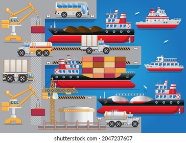 Seaport. Side view. Vector illustration.