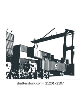 Seaport Silhouette Vector . The daily bustle at the seaport with container, crane, laborer, truck