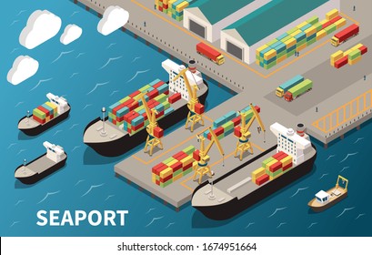 Seaport terminal isometric composition with loading unloading container vessels cargo carriers cranes freight transport warehouse vector illustration 