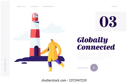 Seaport Worker in Yellow Cloak Walk near Lighthouse in Harbor Yard.Fisherman Male Character Maritime Profession, Occupation Website Landing Page, Web Page. Cartoon Flat Vector Illustration, Banner