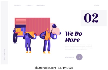 Seaport Workers Carry Boxes from Truck in Dock. Load Cargo Ship in Port. Unloading Containers by Stuff. Logistics Infographics Website Landing Page, Web Page. Cartoon Flat Vector Illustration, Banner