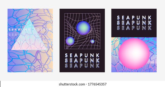 Seapunk vaporwave style posters with surreal composition of geometric shapes, laser neon grid and ocean ripples texture. Set of cover templates for music or fashion event in retrofuturistic style.