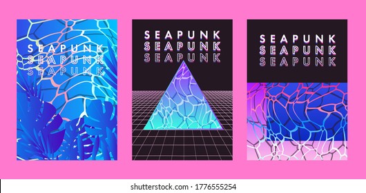 Seapunk vaporwave style posters with surreal composition of geometric shapes, laser neon grid and ocean ripples texture. Set of cover templates for music or fashion event in retrofuturistic style.