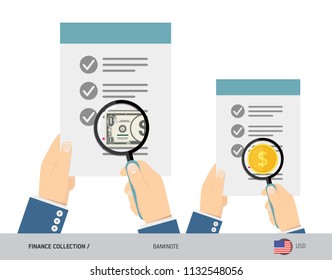 Search 1 US Dollar Banknote and coin. Flat style vector illustration. Favorable conditions concept.