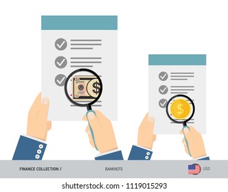 Search 10 US Dollar Banknote and coin. Flat style vector illustration. Favorable conditions concept.