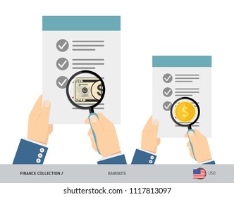 Search 20 US Dollar Banknote and coin. Flat style vector illustration. Favorable conditions concept.