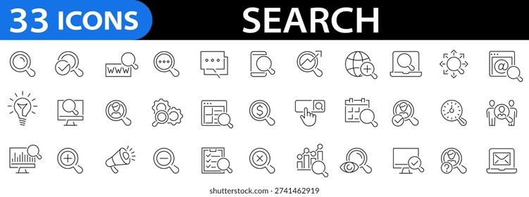 Search 33 icon set. Magnifying glass icons. Search icon collection. SEO. Magnifier loupe sign. Editable stroke. Vector illustration