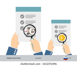 Search 50 Russian Ruble banknote and coin. Flat style vector illustration. Favorable conditions concept.