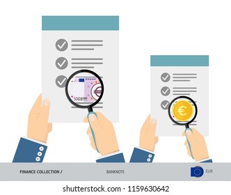 Search 500 Euro Banknote and coin. Flat style vector illustration. Favorable conditions concept.