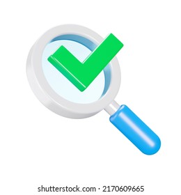 Search accomplished 3d icon. Magnifying glass and check mark. Isolated object on a transparent background