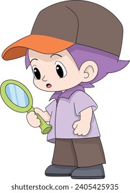 actividad de búsqueda, el chico está en un estilo detective llevando un magnificador buscando evidencia, diseño de ilustración creativa
