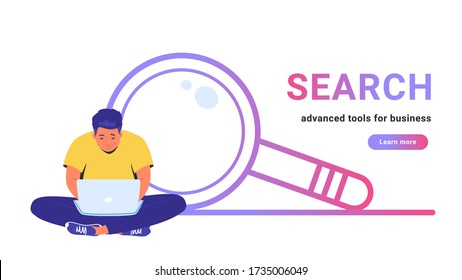 Search - advanced tools for business. Flat line vector illustration of cute man sitting alone in lotus pose with laptop and working online. Simple magnifier outlined icon on white background