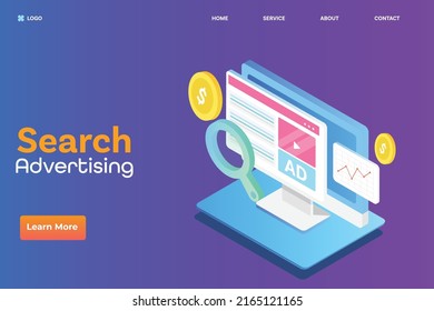Search Advertising, Digital Ad Network, Website Advertising, Paid Traffic, Promoting Brand Through Paid Digital Platforms - Vector Landing Page Template With Icons