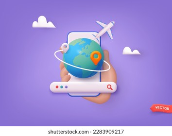 Buscar boletos aéreos. Banner de viaje de negocios con pasaporte, boletos, bolso de viaje. Ilustraciones de vectores Web 3D.