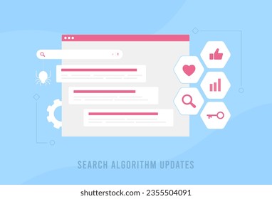 Search Algorithm Updates concept. Changing core search algorithm for improve search result quality and website ranking. Vector illustration isolated on blue background