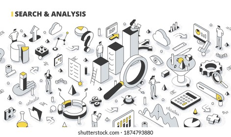 Search and analysis concept. Analyzing business data, gathering, and researching statistics. Isometric line art illustration