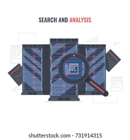 Search and analysis concept banner with server rack, magnifying glass on abstract background vector illustration