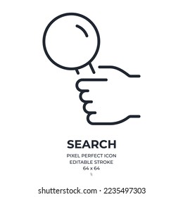 Search and analysis concept editable stroke outline icon isolated on white background flat vector illustration. Pixel perfect. 64 x 64.