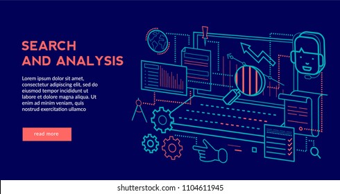 Search and Analysis Concept for web page, banner, presentation. Vector illustration