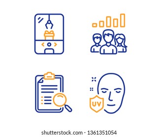 Search analysis, Crane claw machine and Teamwork results icons simple set. Uv protection sign. Find survey, Attraction park, Group work. Ultraviolet. Business set. Linear search analysis icon. Vector
