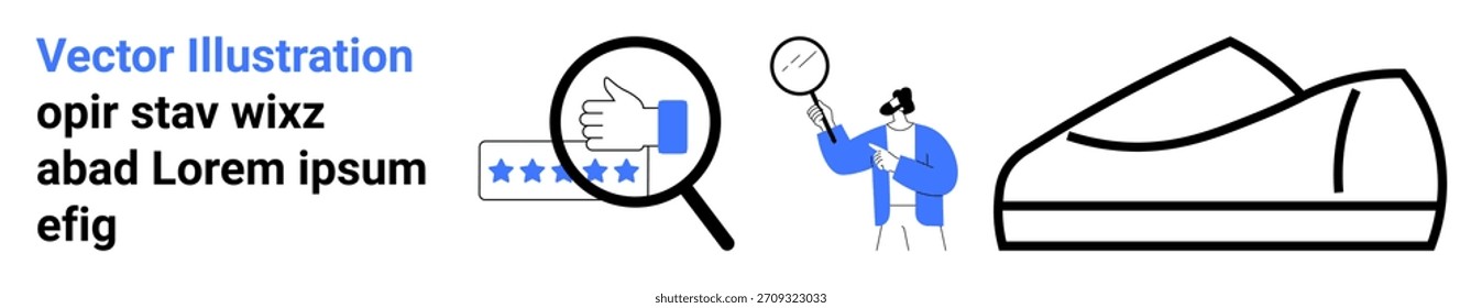 Suchanalyse, Kundenrezensionen, Designinspiration, kreative Forschung, Evaluation, Marketingkonzepte. Vergrößerungsglas, Daumen hoch Person abstrakte Design-Elemente. Kundenbewertungen und Design