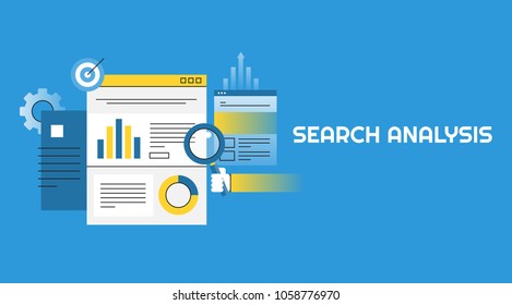 Search analysis - Search Engine Optimization Marketing Flat vector banner isolated on blue background