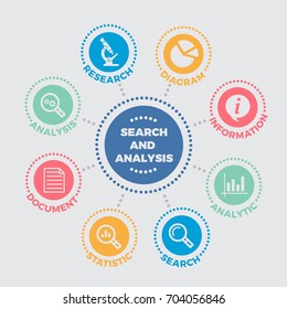 Search and analysis. Illustration with icons and signs.