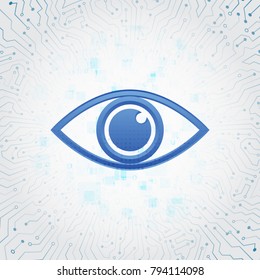 Search and analysis of information. Abstract high tech circuit board. Eye cyber security concept. Network data protection background.