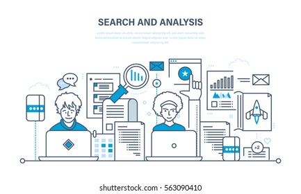 Search and analysis of information, communication and services, marketing and research, management information system. Illustration line design of vector doodles, infographics elements.