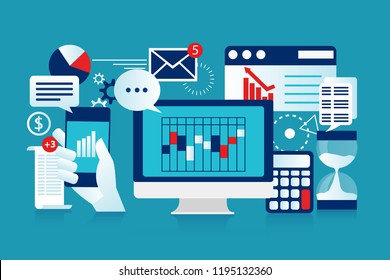 Search and analysis of information. Strategy statistic and planning, marketing. Investment growth. Business analysis, data analytics and research concept isolated on blue background. Eps Vector illust