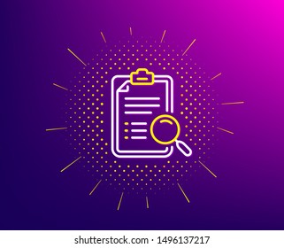 Search analysis line icon. Halftone pattern. Find document sign. Magnify glass. Gradient background. Search analysis line icon. Yellow halftone pattern. Vector