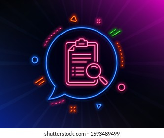 Search analysis line icon. Neon laser lights. Find document sign. Magnify glass. Glow laser speech bubble. Neon lights chat bubble. Banner badge with search analysis icon. Vector