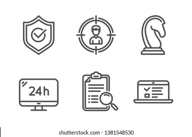 Search analysis, Marketing strategy and Headhunting icons simple set. 24h service, Approved shield and Web lectures signs. Find survey, Chess knight. Line search analysis icon. Editable stroke. Vector