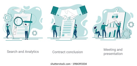 Search and analytics, deal and meeting and presentation.A set of vector illustrations on a business theme.Abstract illustrations in green color.