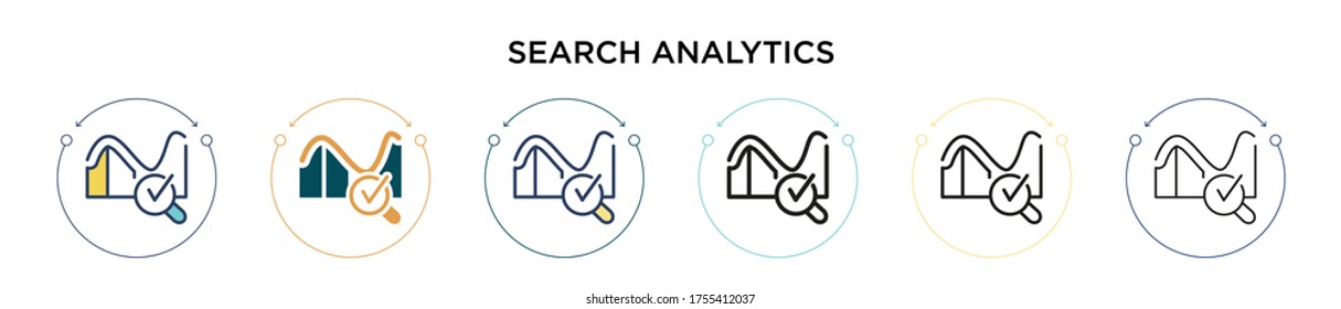 Search analytics icon in filled, thin line, outline and stroke style. Vector illustration of two colored and black search analytics vector icons designs can be used for mobile, ui, web