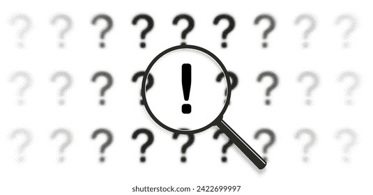 Search answer idea, problem solution concept. Exclamation point between question mark icon pattern. Magnifying glass zoom. Focus lens, transparent blur, morphism effect. Grain, halftone, noise texture