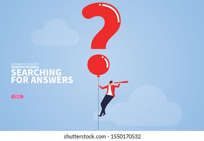 Search answer, question mark balloon leads businessman holding telescope into the air