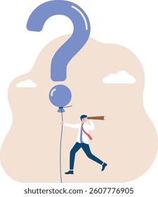 Search answer, question mark balloon leads businessman holding telescope into the air


