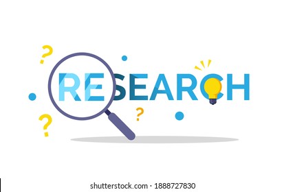 search for answer, research typography with magnifying glass and light bulb concept illustration flat design vector eps10. simple and modern graphic element for infographic, presentation, etc