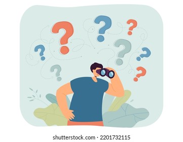 Search for answers to questions from man with binoculars. Curious person exploring future goals flat vector illustration. Solution, curiosity concept for banner, website design or landing web page