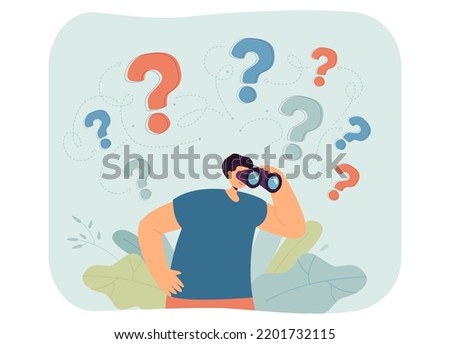 Search for answers to questions from man with binoculars. Curious person exploring future goals flat vector illustration. Solution, curiosity concept for banner, website design or landing web page