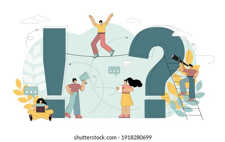 Search for answers to questions. Women and men ask questions and get answers. People standing next to a question and an exclamation mark. Frequently asked questions concept. Flat vector illustration.